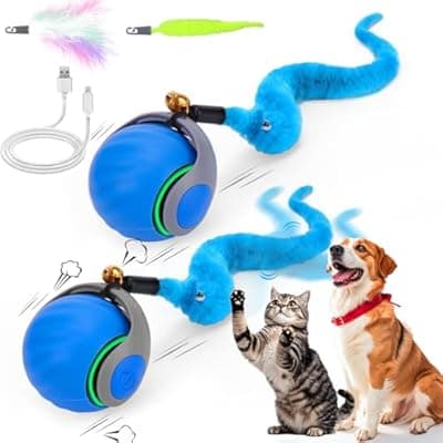[Mity rain] 2PCS Interactive Cat Toy Ball with Feather Tails - Speedy Cat Toys for Indoor Cats, Moving Stimulation Smart Cat Toy for Enrichment, Motion Activated Automatic Rolling Toys to Keep Them Busy Blue