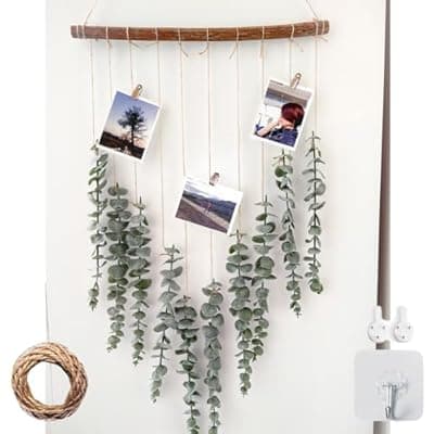 [HLDEJAAJ] Artificial Eucalyptus Wall Hanging Decor, with Wooden Stick,Chic Boho Rustic Home Wall Art Decor for Bathroom Bedroom Office Living Room (Artificial Eucalyptus)
