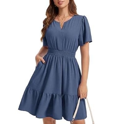 [MFAVIP] MFAVIP Womens 2026 Summer Casual Dress Ruffle Sleeve Elastic Waist A Line Boho Beach Vacation Sundress with Pockets