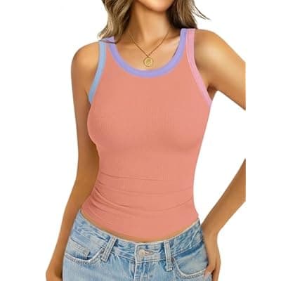 [GKBK] GKBK Womens Colorblock Ribbed Tank Tops Crewneck Fitted Cute Sleeveless Racerback Basic Casual Summer Cami Shirts
