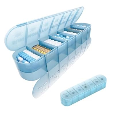 [Fancybird] 2 Layers Weekly Pill Organizer 2 Times a Day, Travel Medicine Pill Organizer, Pill Box Case 7 Day AM PM, Pill Container for Vitamins, Fish Oil, Supplements and Medication, Blue
