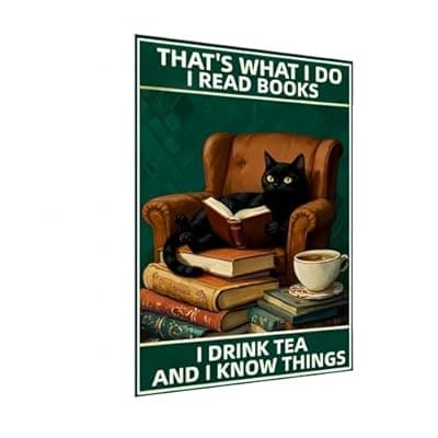 [Carastora] Carastora Cat Vintage Metal Sign - Funny Reading Cat and Coffee Design, Home Decor for Home, Office, Cafe, Bar or Garden Decoration, 8x12 Inch.