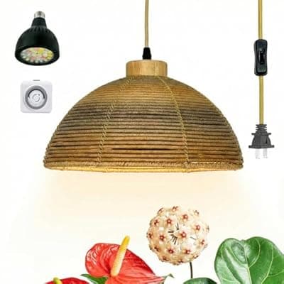 [Vellina] Vellina 40W Boho Rattan Hanging Grow Light, Full Spectrum Pendant Light for Indoor Plants, 15ft Plug-in Cord & Mechanical Timer, Wabi-Sabi Decor for Monstera, Fiddle Leaf Fig & Tall Plants