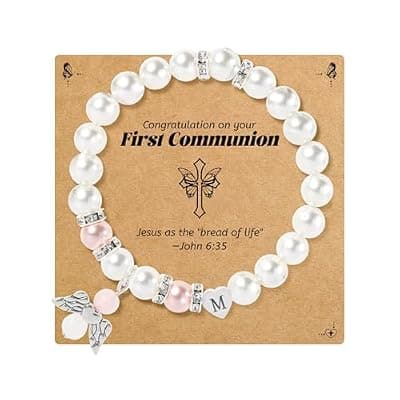[BAYLAY] BAYLAY First Communion Gifts for Girls, First Communion Bracelet for Girls, Angel Wings Heart Letter Initial Pearl Bracelet, First Communion Gifts for Girls Catholic, Teen Girls First Communion Gifts