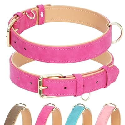 [Jumpress] Jumpress Leather Dog Collar for Small Medium Large Dogs, Soft Padded Dog Leather Collar with Heavy Duty Gold Buckle, Durable & Comfortable for Puppy Dogs Daily Walking (Hot Pink, XS)