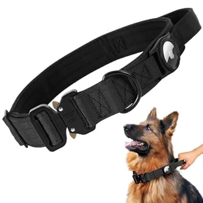 [Jumpress] Jumpress Heavy Duty Tactical Dog Collar with Airtag Holder, 1.5’’ Wide Large Dog Collar with Comfortable Handle, Durable Airtag Dog Collar for Large Dogs (Black,Neck 18-20’’)