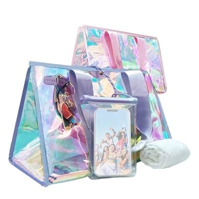 [GolfFox] GolfFox 2-Piece 26L Iridescent Beach Bag Set - Purple Iridescent Tote Bag with Snap & Pink Tote Bag with Zipper & Waterproof Touchscreen Phone Pouch, Perfect Beach Essentials for Family