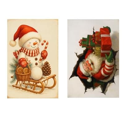 [Carastora] This two-piece vintage Santa and snowman holiday decoration tin plaque set measures 12 x 8 inches. Suitable for indoor and outdoor use, it makes a great winter decoration and gift. Perfect for display