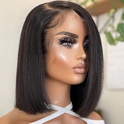 [MEGOOD] UMEGOOD HAIR 10 Inch Light Straight Bob Wig with Bangs Human Hair Realistic 13X4 HD Lace Short Black Bob Wigs, Ready to Go Blunt Cut Bob Wig Glueless