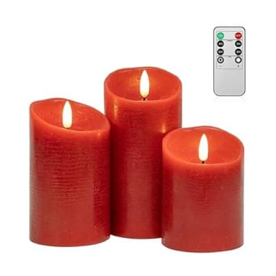 [ANGELLOONG] ANGELLOONG Red Flameless Candles with Remote and Timer, Real Wax Flickering Fake Pillar Candles Battery Operated, Electric LED Candle for Bathroom Table Decor Birthday Gifts for Him Her, Set of 3