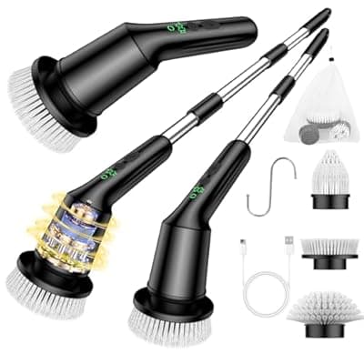 [CTMAST] Electric Spin Scrubber for Cleaning Bathroom, Shower Scrubber with Long Handle, Cordless Cleaning Brush with IPX7 Waterproof & 2 Speed, 3 Brush Heads, Black