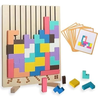 [FAMCHAINS] FAMCHAINS Wooden Block Stacking Puzzle Toy, Sliding Tiles Game, Russian Block Game with Pattern Cards, Stress Relief Toy,Giant Jigsaw Puzzle Board