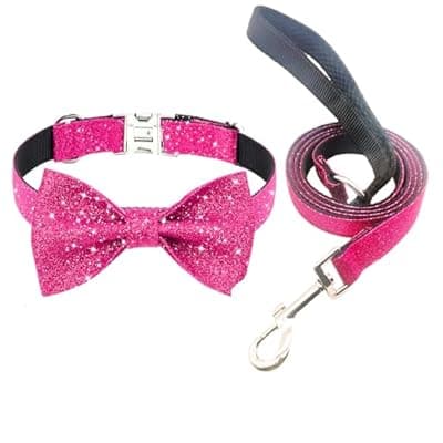 [Jumpress] Jumpress Bling Bow Tie Dog Collar and Leash Set, Cute Pink Puppy Dog Collar with 5ft Leash for Small Dogs Daily Walking or Holiday Party (Hot Pink, Neck fit 9-12’’)