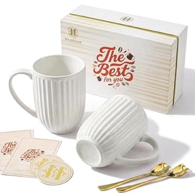 [HASENSE] HASENSE 20oz Large Ribbed Ceramic Coffee Mugs Set of 2, White Latte Tea Cups with Golden Spoon & Coaster, Microwave Safe Coffee Cup, Premium Gift Box for Birthday Anniversary Couple Gifts