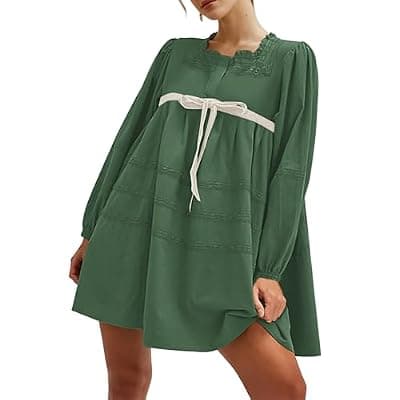 [Burtell] Burtell Women Flowy Long Puff Sleeve Mini Dress Casual Square Neck Lace Embroidered Babydoll Dress Bow Tie A-line Tunic Dress