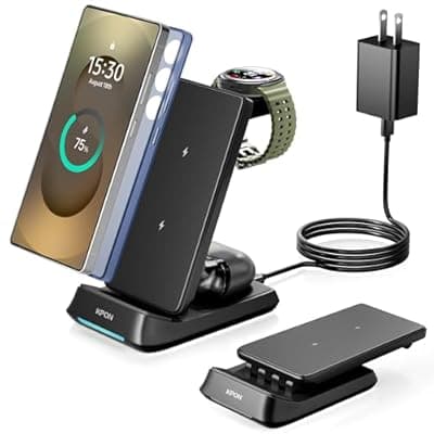 [KPON] KPON 3 in 1 Charging Station for Samsung, Wireless Charger for Thick Cases, Foldable Phone and Watch Charger Stand for Galaxy S25/S25 Ultra/S24/Z Fold/Android Devices, Galaxy Watch and Earbuds