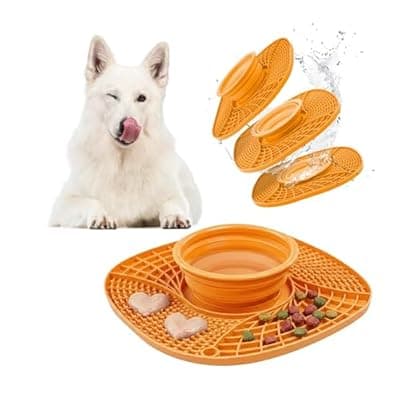 [BelleBete & Co.] BelleBête & Co. 3-in-1 Pet Slow Feeder Bowl Lick Mat with Collapsible Bowl for Dog & Cat – Food-Grade Material & Non-Slip Base for Kibble, Dry and Wet Food, Digestive Health & Reduce Anxiety | Orange