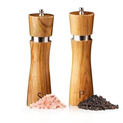 [Han&field] Wooden Salt and Pepper Grinder Set, 8 Inches Refillable Salt and Pepper Mills, Peppercorn Shaker with Adjustable Coarseness, Durable Acacia Wood with Ceramic/Stainless Steel Core, Tableware Gifts