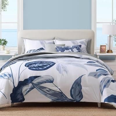 [WRENSONGE] WRENSONGE Queen Comforter Set- 7 Pieces Blue Tropical Leaves Soft Bedding Sets, Coastal Bed in a Bag, Botanical Printed Comforter with Sheets for All Season