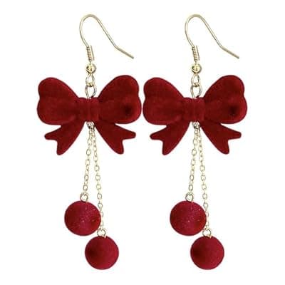 Bow Earrings for Women, Christmas Festive Bowknot Red Snowball Dangle Fish Hook Dangling Hypoallergenic Christmas Earrings Festival Party Jewelry Gifts for Women