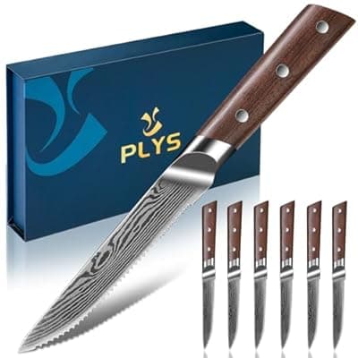 [Plys] Plys Steak Knives Set of 6 Japanese: Serrated Knife Stainless Steel Steak Knife Set for Kitchen Dishwasher Safe Full Tang Design with Gift Box for Mother and Father