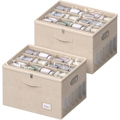 [FHSQX] 2 Pack Shoe Organizer for Closet Large Shoe Box Storage Containers with Clear Window Space Saving Shoe Bin with Foldable Bottom Support Adjustable Dividers Fits 32 Pairs (Beige, (19.7x15.7x13inch)x2)