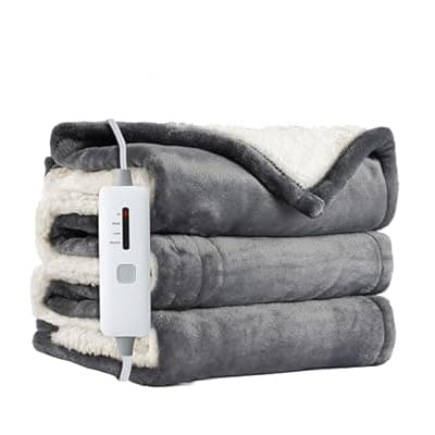 [Soypipo] Electric Heated Blanket Throw 50"x60", Soft Flannel Sherpa Heating Throw with 4 Heat Settings, 3-Hour Auto Shut-Off Timer, for Office & Chair, Grey