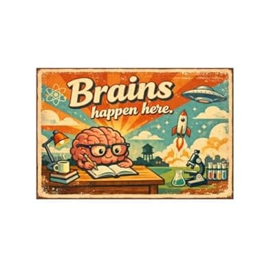 [Carastora] Brains Happen Here Vintage Metal Tin Sign 8x12 Inch Funny Science Quote Wall Decor Retro Cartoon Brain Wall Art for Office Classroom Lab Study Room with Pre Drilled Holes