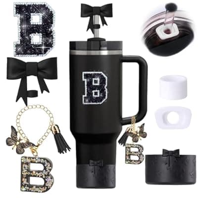 [MOTEERLLU] 6pcs Black Stanley Cup Accessories Set, Bow Straw Topper for Stanley Cup 30oz 40oz, Including Straw Topper and Bow Silicone Boot, Stoppers Spill Proof, Handle Charm, Initials Sticker