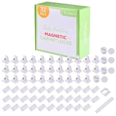 [Vkania] 32 Pack Vkania Magnetic Cabinet Locks Child Safety with 4 Keys - Baby Proof Adhesive Latches for Kitchen Cabinets & Drawers, No Drilling Easy Installation (32 Locks + 4 Keys)