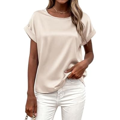 BTFBM Womens Summer Tops Satin Blouses Dressy Casual Crewneck Short Sleeve Shirts 2026 Spring Work Business Outfits