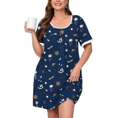 [AusLook] AusLook Plus Size Women's Nightgown Short Sleeve Sleep Dress Sleepwear Sleepshirts Pleated Scoopneck Nightshirt 1X-5X