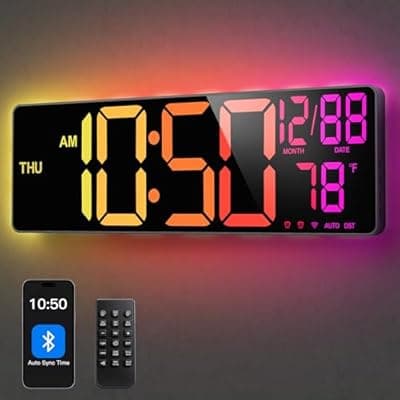 [Tempospark] Tempospark Large Digital Wall Clocks Bluetooth Sync Time,16" Digital Wall Clock Large Display for Classroom,Big Led Wall Clock with RGB Color,Date,Week,Alarm,Temp for Living Room,Bedroom,Gym,Office