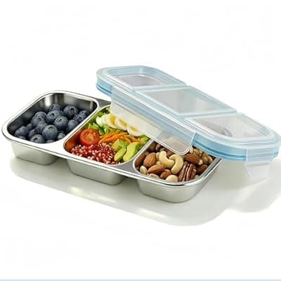 [MYOVPLUT] Stainless Steel Snack Containers,Reusable 3 Compartments Leak Proof Metal Lunch Box with Lids ,Meal Prep Containers ,Divided Food Storage Containers for Home, Picnic, Camping, Office,Work(Blue)