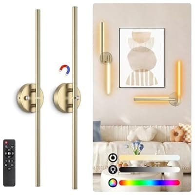 [TiInsta] Battery Operated Wall Sconce Set of Two,Wireless Magnetic Wall Lights with Remote, 360°DIY Rotatable 5CCT Dimmable with Timer,RGB Cordless Wall Gold Sconces Decor for Vanity Bedroom Hallway 10000mAh