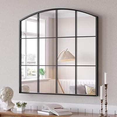 [Brauthon] Brauthon Window Pane Black Mirror, 36" x 36" Farmhouse Arched Wall Mirror, Large Arch Grid Mirror for Living Room Bedroom Farmhouse Fireplace Hallway Entryway