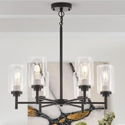 [SGRUXELL] SGRUXELL Black Chandeliers for Dining Room,6 Lights Modern Farmhouse Chandelier with Clear Glass Shade,Industrial Hanging Light Fixture for Kitchen Island Bathroom Living Room Bedroom Foyer Entryway