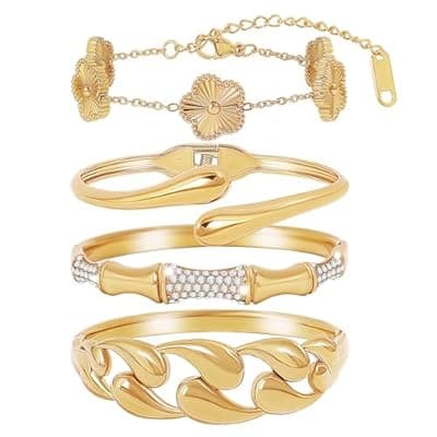[JINDETAI] Womens Stackable Floral Gold Bracelets - 4Pcs 18K Gold Plated Bracelet,Stainless Steel Bangle Bracelets Non Tarnish,Gold Bracelet Set Fashion Jewelry,Valentines Birthday Christmas Jewelry Gifts