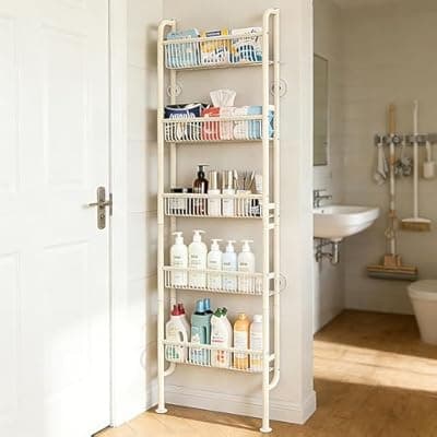[Ormeo Home] Ormeo Home Behind The Door Narrow Bookshelves Pantry Spice Rack 5-Tier Slim Metal Space-Saving Organizer for Bathroom Closet Kitchen Living Room Sturdy Room Laundry Room, White