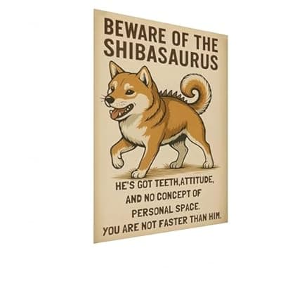 [Carastora] Carastora Vintage Dinosaur Shiba Inu Tin Sign, Fun Wall Art for Indoor and Outdoor Decor - Beware of Animals Decorative Metal Poster 12x8 Inch