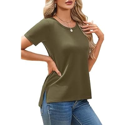 [Herou] Herou Women's Short Sleeve T-Shirt - Crew Neck Causal Plain Outfit Top with Side Split