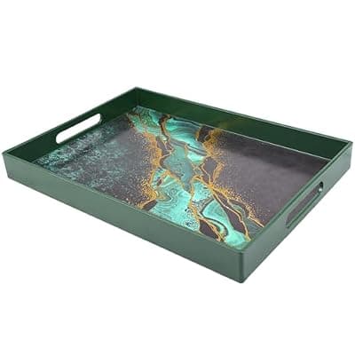 [SforGUVA] SforGUVA Marble Green Decorative Tray for Coffee Table, Ottoman, Rectangular Plastic Serving Platter Tray with Handles for Entertaining, Outdoor Patio, Living Room Counter, 15.7”*11.8”*1.6”