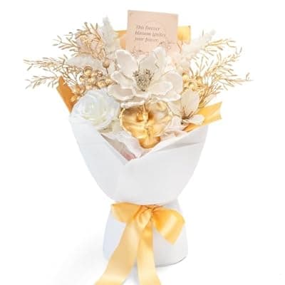 [TINGE TIME] TINGE TIME Preserved Flowers Bouquet, Platinum Faux Rose Bouquets, Eternal Roses Bouquet for Wedding, Table Centerpieces, Mothers Day, Birthday Gifts, Anniversary, Graduation(White & Gold)