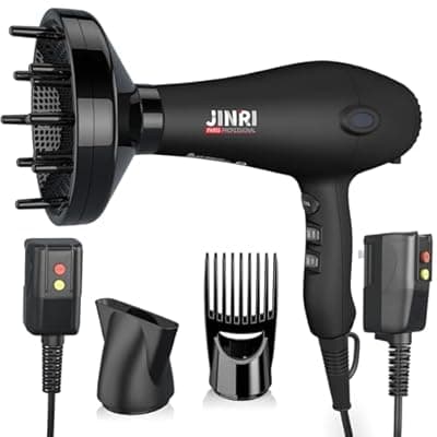 [JINRI] Blow Dryer - JINRI 1875W Diffuser Hair Dryer for Salon & Personal Use – Powerful, Fast Drying with Diffuser, Comb & Nozzle for Women & Men, with ALCI Safety Plug, Black