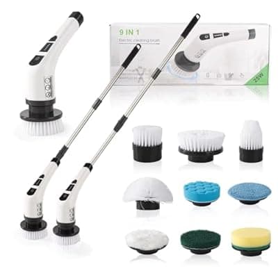 [XBllcyiv] XBllcyiv Electric Spin Scrubber, Cordless Cleaning Brush with 9 Replaceable Brush Heads, Tub and Floor Tile 360 Power Scrubber Dual Speed with Adjustable Detachable Handle for Bathroom Kitchen Car (9)