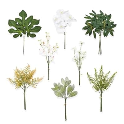 [TINGE TIME] TINGE TIME Artificial Greenery Stems Box Set, 46pcs with 8 Kinds Faux Silk Greenery and Fake Orchid Flowers Bulk for Wedding DIY Bouquets, Bridal Floral Arrangements, Table Centerpieces and Home Decor