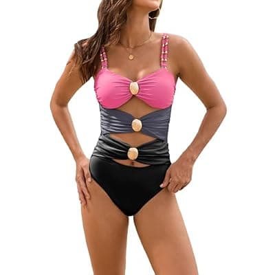 [SALENT] SALENT Womens One Piece Swimsuits 2025 Cutout Colorblock Swimwear Sexy Ruched Bathing Suits