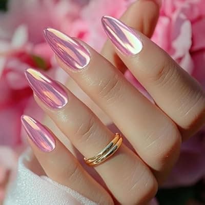 [SEMATA] SEMATA Hot Pink Chrome Press on Nails Almond Medium Acrylic Nails Press ons Cute Hot Pink Glue on Fake Nail with Bling Glossy Designs Reusable Artificial Stick on False Nail for Women 24Pcs