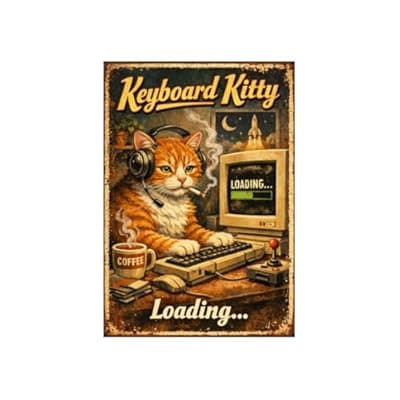 [Carastora] Keyboard Kitty Vintage Tin Sign Funny Cat Wall Decor Retro Computer Art Metal Plaque Geek Humor Loading Quote Coffee Desk Illustration Home Office 8x12 Inch Pre Drilled Holes