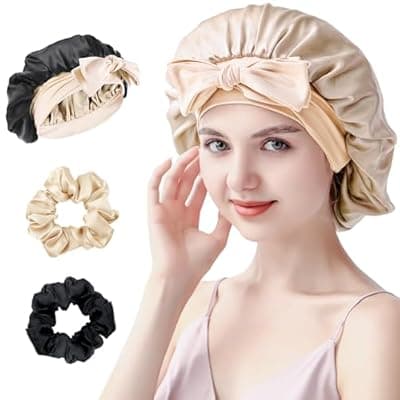 [Silmana] SILMANA Silk Bonnet for Sleeping Women, 22 Momme 100% Mulberry Silk Sleep Cap with 2 Matching Silk Scrunchies, Double-Sided Wearable Hair Bonnet for Night Hair Care and All Hair Types - Light Gold